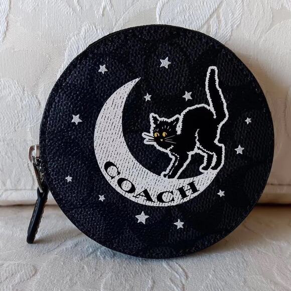Coach NWT Black Cat Signature Zip Round Coin Case Wallet CX348 SOLD OUT $128 - Picture 1 of 12